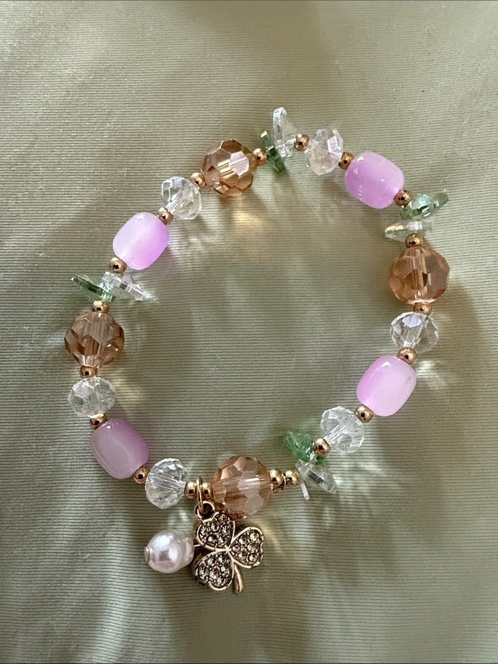 Pink Crystal Beaded Bracelet with Rhinestone Clover Charm